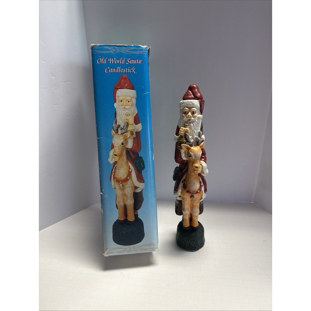 Vintage 11" Inch Old World Santa Candlestick Santa On Reindeer Candleholder